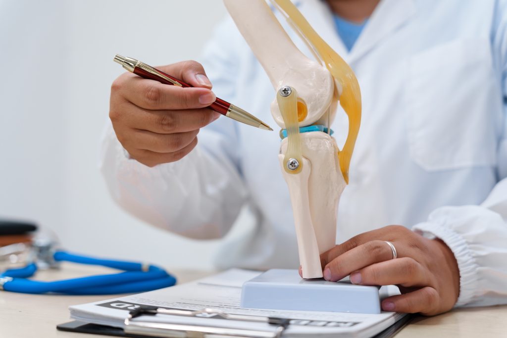 a doctor uses a knee joint model to demonstrate anatomy, diagnose conditions like osteoarthritis